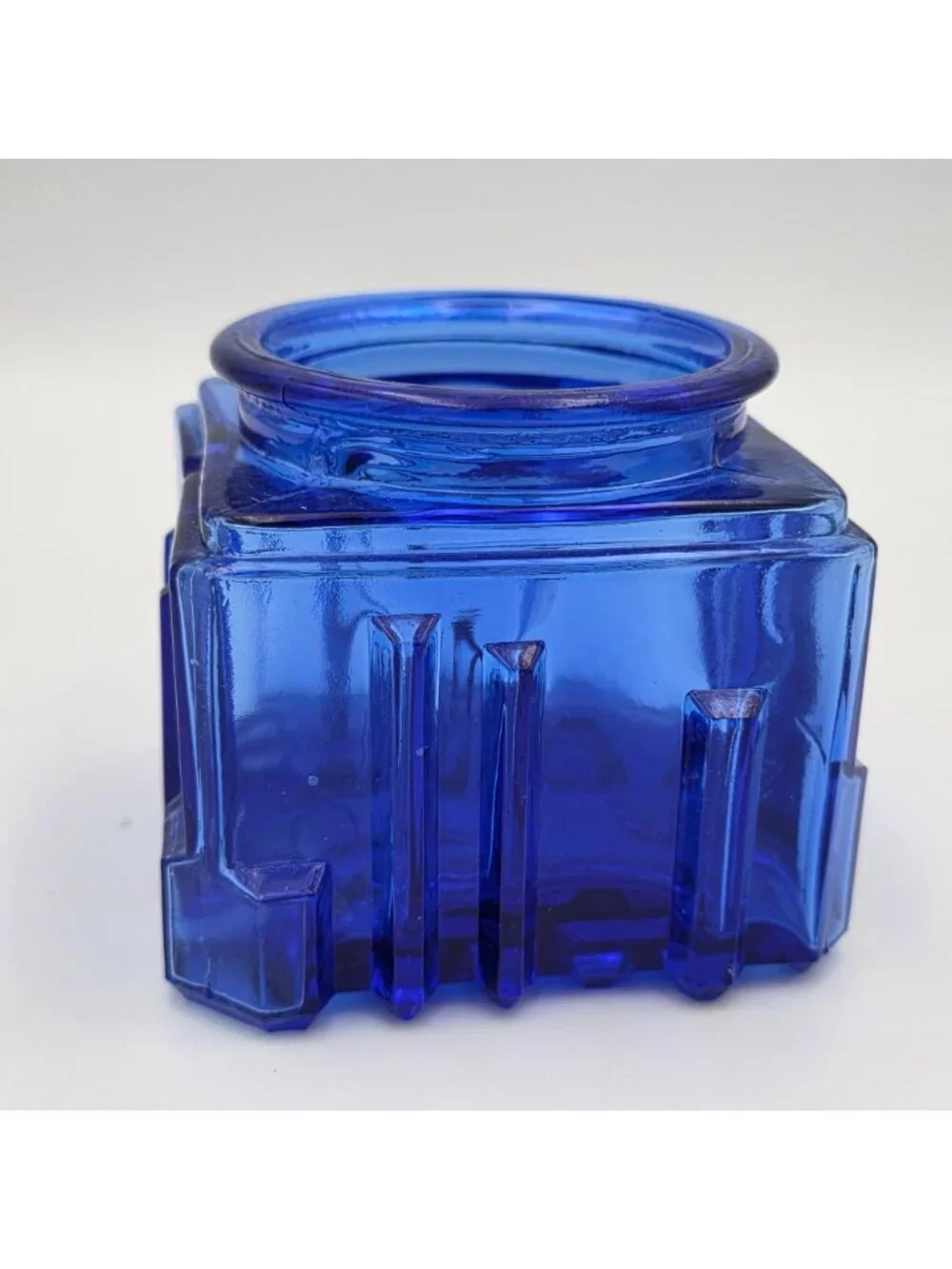 Cobalt Blue Art Deco Square Glass Vanity Powder Jar Textured No Lid 3.25